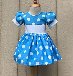 MINNIE MOUSE DRESS| TURQUOISE PUFF SLEEVE GIRLS DRESS| HANDMADE GIRLS DRESS Playful Polka Dot Fitted Dress, Fitted Cotton Minnie Mouse Dress, Handmade Girls Dress, Mouse Dress, Minnie Mouse Dress, Dress Handmade, Handmade Dolls, Girls Dress, White Polka Dot