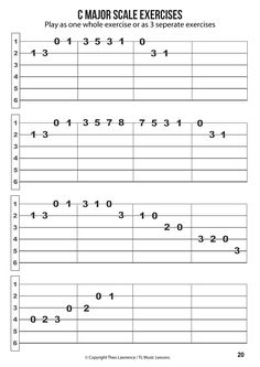 printable worksheet for the c major scale exercises, with numbers and letters