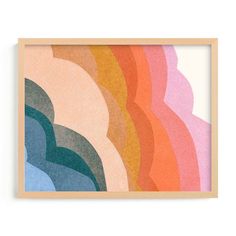 an art print with multicolored waves on the paper in a wooden frame, against a white background