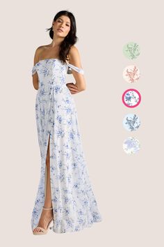 Feel fun and flirty in Chrysanta, our floral print chiffon floor length dress. She features an off-the-shoulder neckline, removable pleated straps, pockets, and a pleated A-line skirt with a leg skirt. Floral Bridesmaid Dress, Modern Bridesmaid, Floral Bridesmaid Dresses, Stunning Bridesmaid Dresses, Blue Cottage, Floral Bridesmaid, Floor Length Chiffon Bridesmaid Dresses, Bridesmaid Dresses Long Chiffon, Mermaid Bridesmaid Dresses