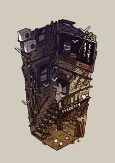 an illustration of a house with stairs and other things on it's walls,