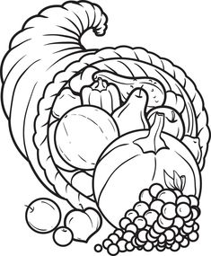 a black and white drawing of a turkey with grapes, apples, and other vegetables