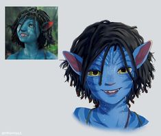 an avatar is shown with blue paint on it's face and the other side has black hair