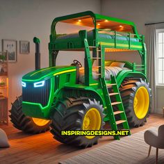 a large green tractor bunk bed with yellow wheels on it's sides and ladders to the bottom