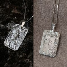 Size L Silver personalized necklace with initial, Custom necklace silver rectangle pendant, Personalized pendant necklace, Engraved gift for her Personalized charm necklace with a rectangular pendant. The pendant has a sculptural look - the making process results every time with a different pattern. The front of the pendant has a unique texture, and in the back an initial is engraved (the "initial side" can be flipped to the front later on as well, if that is what you prefer). This listing is fo Luxury Silver Necklaces With Engraving Option, Luxury Pendant Necklaces With Engraving Option, Luxury Rectangular Pendant Necklace For Anniversary, Luxury Hand Forged Rectangular Pendant Necklace, Cheap Personalized Necklaces With Square Pendant, Luxury Gift Necklace With Silver-tone Logo Plaque, Cheap Personalized Square Pendant Necklace, Luxury Pendant Necklace With Engraving Option, Luxury Handmade Jewelry With Rectangular Pendant