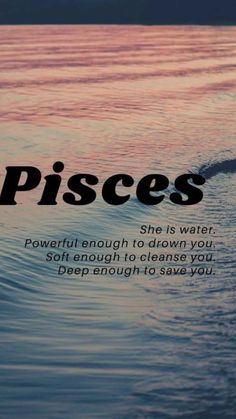 the words pisces are written in black on a pink and blue sunset background