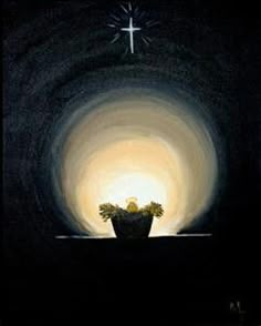 a painting of a potted plant with a cross in the background and light coming from behind it