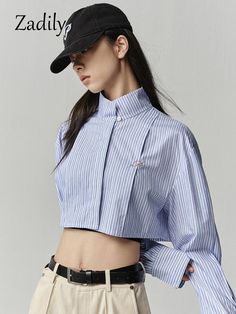 Zadily 2024 Summer Streetwear Long Sleeve Striped Women Cropped Shirt Button Stand Neck Embroidery Streetwear Long Sleeve, Stand Neck, Neck Embroidery, Ladies Blouse, Fashion Shirts, Summer Streetwear, Common Ground, Business Wear