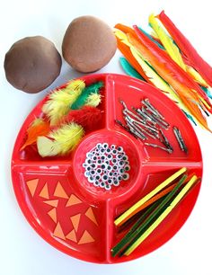 a red plate topped with lots of different types of items next to eggs and feathers