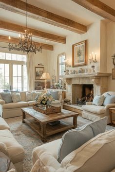 a living room filled with furniture and a fire place in the middle of a room