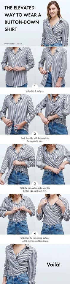 Always wear a basic button-down to work? Try this step-by-step style trick and completely elevate your usual look. How To Wear Belts, How To Wear Shirt, Mode Tips, German Fashion, Diy Vetement, Art Culture, Fashion Hacks Clothes, Looks Chic