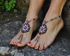 This listing is for a PAIR of beautiful and UNIQUE barefoot sandals handmade in the HUICHOL style. Made of high quality Japanese myuki seed beads and extra strong nylon thread. They make a beautiful combination with the leather sandals (pictures 4,7 and 10) also available in my shop. These sandals are very resistant and suitable for many environments. They will embellish your feet and you can wear it with sandals in a variety of styles from work to casual to evening attire. Beautiful to wear on Handmade Adjustable Pink Barefoot Sandals, Traditional Beaded Toe Ring Barefoot Sandals, Pink Bohemian Barefoot Sandals For Festival, Traditional Handmade Toe Ring Barefoot Sandals, Handmade Multicolor Bohemian Barefoot Sandals, Traditional Handmade Barefoot Sandals For Festivals, Traditional Beaded Barefoot Sandals For Festival, Ethnic Design, Art Beach