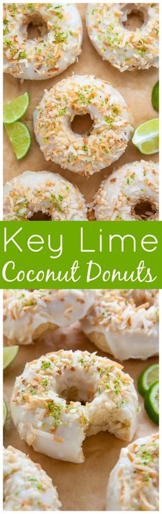 key lime coconut donuts with frosting and sprinkles on top, surrounded by sliced cucumbers