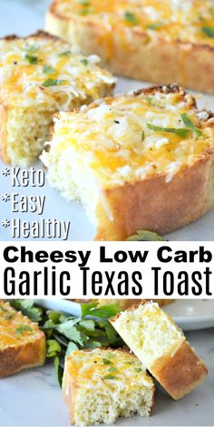 cheesy low carb garlic texas toast on a white plate with text overlay