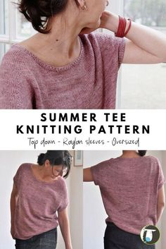 a woman wearing a knitted top with the words summer tee knitting pattern on it