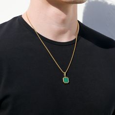 *SOLD AS A SET - Gold Malachite Stone Pendant and Gold Rope Chain* The gold malachite stone pendant on a gold round box chain is a stunning and elegant piece of jewelry. The pendant features a octogon-shaped malachite imitation stone, known for its mesmerizing green hues and captivating natural patterns. The stone is beautifully set in a lustrous gold bezel, enhancing its vibrant colors and adding a touch of sophistication. The pendant hangs gracefully from a gold round box chain, which consists Green Necklaces With Gold Chain For Gifts, Green Necklace With Gold Chain Gift, Gold Emerald Necklace With Chain As Gift, Gold Malachite Round Necklace, Gold Malachite Round Necklaces, Gold Malachite Gemstone Jewelry, Gold Malachite Necklace For May Birthstone, Green Emerald Necklace With Chain For Gifting, Gold Emerald Square Pendant Jewelry