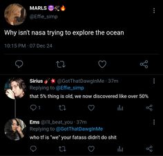 two tweets on the same page, one has an image of marilyn monroe and the other says'why isn't nasa trying to explore the ocean? '