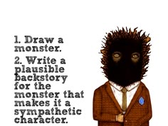 an animal wearing a suit and tie with the caption i draw a monster 2 write a plagitory for the monster that makes it a sympathetic character