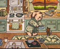 a painting of a teddy bear in the kitchen