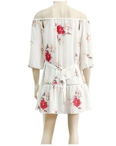 This lovely off-the-shoulder sundress is sassy but sweet. Featuring a an off-the shoulder top with a small front cut-out, a cinched waist with a sash bow belt and a flowing skirt falling mid-thigh. This dress pairs perfectly with wedges, heels, sandals or booties. Made with a polyester blend and comes in three fabulous floral color patterns from which to choose. Cute Off-shoulder Summer Dresses, Summer Off-shoulder Ruffled Top With Short Sleeves, Summer Off-shoulder Top With Ruffles And Short Sleeves, Bohemian Off-shoulder Dress For Summer, White Feminine Off Shoulder Dress For Brunch, Summer Vacation Off Shoulder Ruffled Dress, White Off Shoulder Summer Dress For Vacation, Summer Vacation Ruffled Off Shoulder Dress, White Feminine Off-shoulder Dress For Brunch