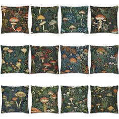 nine pillows with different types of mushrooms and plants on them, all in various colors