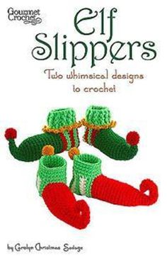 the book cover for elf slippers, with knitted christmas stockings and booties