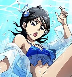 an anime character floating in the water with her hand up to her face and eyes closed