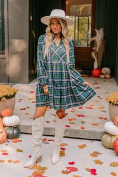 - Stay sweetly styled in this adorable plaid mini dress! From apple picking at the orchard to festive seasonal events, this darling dress will keep you looking cute. - Unlined plaid material featuring cream, ivory, yellow and navy - A built-in lining - A v-cut neckline with a ruffled back - Long sleeves with button closure cuffs - Hidden side pockets - A relaxed silhouette that ends in a mini dress length hemline Cute Long Sleeve Mini Dress For Fall, Preppy Plaid Dress For Fall, Green Holiday Dress For Fall, Green Holiday Dresses For Fall, Casual Fall Picnic Dresses, Cute Plaid Mini Dress For Picnic, Cute Mini Dress For Fall, Preppy Long Sleeve Dresses For Fall, Preppy Mini Dress For Fall