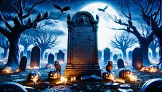 a cemetery with pumpkins in the foreground and birds flying over it at night