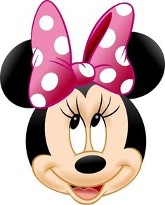 a minnie mouse face with polka dots on it's head and pink bow in her hair