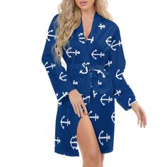 Navy Blue Nautical Anchor Women Sexy Lingerie Robe Kimono Cover Up Nightgown Sleep Mini Homewear All Print Night Shirt Dress This lingerie is very suitable for valentines day, honeymoon day, sweet night date. Women Robes featuring long sleeve, oblique v-neck, removable belt with ties. Mini length can show your body perfectly, make you look elegant and feel soft all day, comfortable and lightweight on your skin, loose wrap robes will make you feel free, give you a relax night. Size Information: W Blue Long Sleeve Nightgown For Lounging, Blue Long Sleeve Robe For Sleep, Blue Long Sleeve Sleep Robe, Blue Long Sleeve Sleepwear For Vacation, Relax Night, Nightgown Sleep, Women Robes, Nightgown Pattern, Night Date