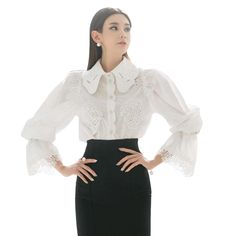 Gender: Women Material: COTTON Material: Polyester Clothing Length: REGULAR Style: Streetwear Fabric Type: Woven Sleeve Length(cm): Full Decoration: Button Pattern Type: Solid Collar: Turn-down Collar Sleeve Style: Flare Sleeve White Lace Cuffs Button-up Tops, White Button-up Tops With Lace Cuffs, Spring Button-up Top With Lace Cuffs, White Tops With Lantern Sleeves And Button Cuffs, Spring Formal Shirt With Ruffled Collar, Chic Blouse With Lace Cuffs For Work, Formal Shirt With Ruffled Collar For Spring, Fitted Blouse With Button Cuffs For Daywear, Collared Top With Lace Cuffs