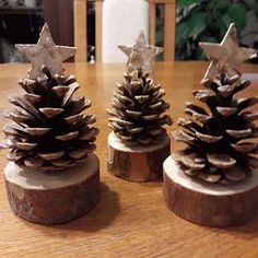 three small pine cones sitting on top of a wooden table