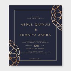 an elegant wedding card with gold foil on the front and black background, featuring a golden frame