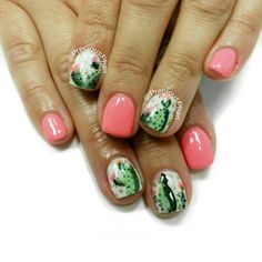 Cactus nails. Coral nails. #PreciousPhanNails Sicily Nails, Nails Coral, Patrick Nagel, American Nails, Western Nails, Country Nails, Coral Nails