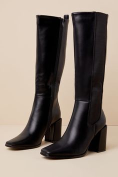 Every look you create with the Thia Black Square Toe Knee-High Boots will be worth everyone's attention! Sleek faux leather shapes these perfectly chic boots that feature a trendy square-toe upper that rises to a 13.5"" knee-high shaft with an elastic gusset along the outstep, a 15.25"" zipper at the instep, and a convenient pull tag at the bag. 14"" circumference. A sturdy block heel completes the stylish design! Available in whole sizes only. 3. 25" wrapped block heel. Lightly cushioned insole Square Toe Fall Boots, Black Heel Boots Knee High, Narrow Calf Knee High Boots, Square Boots Outfit Women, High Knee Black Boots, Tall Boots For Short Women, Square Boots Outfit, Black Boots Aesthetic, Square Toe Knee High Boots