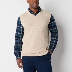 This St. John's Bay men's big and tall sweater vest is a classic cold-weather layering piece to add to your collection. Made from a soft recycled cotton-knit, this sleeveless pullover has a v-neckline with a classic-fit and ribbed trims. Wear it over your favorite shirt with pants or jeans.Closure Type: Pullover HeadFit: Classic FitNeckline: V NeckSleeve Length: SleevelessFiber Content: 60% Cotton, 40% Recycled PolyesterFabric Description: KnitCare: Machine WashCountry of Origin: Imported Mens V Neck Sweater, V Neck Sweater Vest, Tall Sweater, Sweater Vests, Large Sweaters, Sleeveless Pullover, Mens Big And Tall, Big And Tall, Cotton Knit