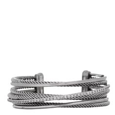 This is an authentic DAVID YURMAN Sterling Silver 14K White Gold Diamond Crossover Four Row Cuff Bracelet. The bracelet is crafted of sterling silver and 14k white gold, and features overlapping twisted cable bands and a diamond accented band weighing approximately .65 total carat weight. Luxury Silver Stackable Cuff Bracelet, David Yurman Bracelet, David Yurman Jewelry, White Gold Bracelet, David Yurman, White Gold Diamonds, Silver Bracelets, Sterling Silver Bracelets, Cuff Bracelet