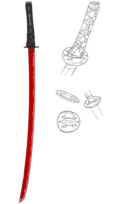 a drawing of a red knife with black handle and blades on the blade is shown