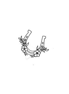 a black and white drawing of a pair of scissors with flowers on the end of it