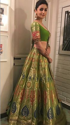 Pretty in green alia bhatt Gold Lehenga, Bollywood Lehenga, Bollywood Outfits, Salwar Designs, Indian Gowns Dresses