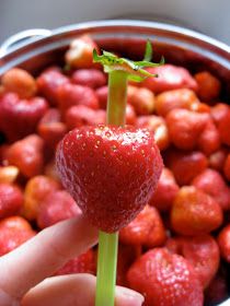 a strawberry being held up to the camera