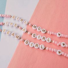 Pink Letter Beads Bracelet For Party, Pink Letter Beads Jewelry For Party, Cute Pink Friendship Bracelets For Party, Cute Beaded Bracelets For Valentine's Day Party, Customized Cute Pink Friendship Bracelets, Cute Customized Pink Friendship Bracelets, Pink Beaded Name Bracelet For Birthday, Pink Letter Beads Name Bracelet, Adjustable Letter Beads Necklaces For Party