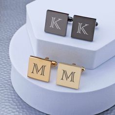 These classicaclly customized cufflinks are a great gift for any man. They look great on the groom, groomsman, or father of bride or groom! Each cufflink is engraved with a single initial. CUSTOM ENGRAVING: BOTH CUFFLINKS: [Initial] DETAILS: MATERIAL: stainless steel SHAPES: round or square FINISHES: gold, gunmetal, rose gold, stainless steel DIMENSIONS: 5/8 inch Father Of Bride, Rose Gold Square, Initial Cufflinks, Custom Cufflinks, Script Monogram, Gift Inspo, Gold Cufflinks, Silver Cufflinks, Engraved Jewelry