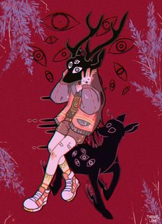 a drawing of a woman sitting on top of a black cat next to a deer