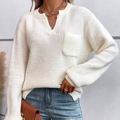 New Notched Neck Pullover White Knit Sweater Long Sleeve Armpit To Armpit 20.4 “ S,4 Length 22.8” Armpit To Armpit 21.2” M,6 Length 23.2” Armpit To Armpit 22.4” L,8, 10 Length 23.7” 42% Acrylic, 30% Polyester, 28% Polyamide Keywords: Spring Fall Summer Spring Fall Luxury Ladies Woman’s Wear Winter All Season Shirts & Blouses Jersey Tops Party Day Going Out Shirts White Accessories Dress Style Cocktail Sleeves Cardigan Pair With Sweater Preppy Sexy Hot Boho Trendy Vogue Posh Sassy Girly Date Nigh Chunky Knit Tops For Day Out, White Waffle Knit Cozy Sweater, Textured Knit V-neck Sweater For Day Out, Cozy White Waffle Knit Sweater, Chic Waffle Knit Sweater, Long Sleeve Sweater For Day Out, White Waffle Knit Sweater, Winter Textured Knit Top For Day Out, Textured Knit Top For Winter Day Out