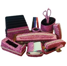 pink sequinized desk accessories set with matching pen holder, roll and pencil case