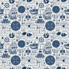 a blue and white wallpaper with boats, ships and other things