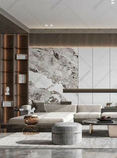 an elegant living room with marble walls and flooring is shown in this modern style