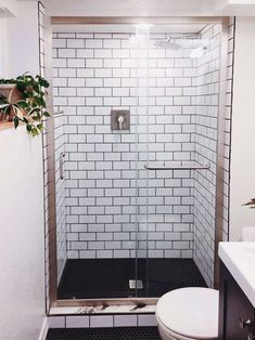 a white toilet sitting next to a walk in shower